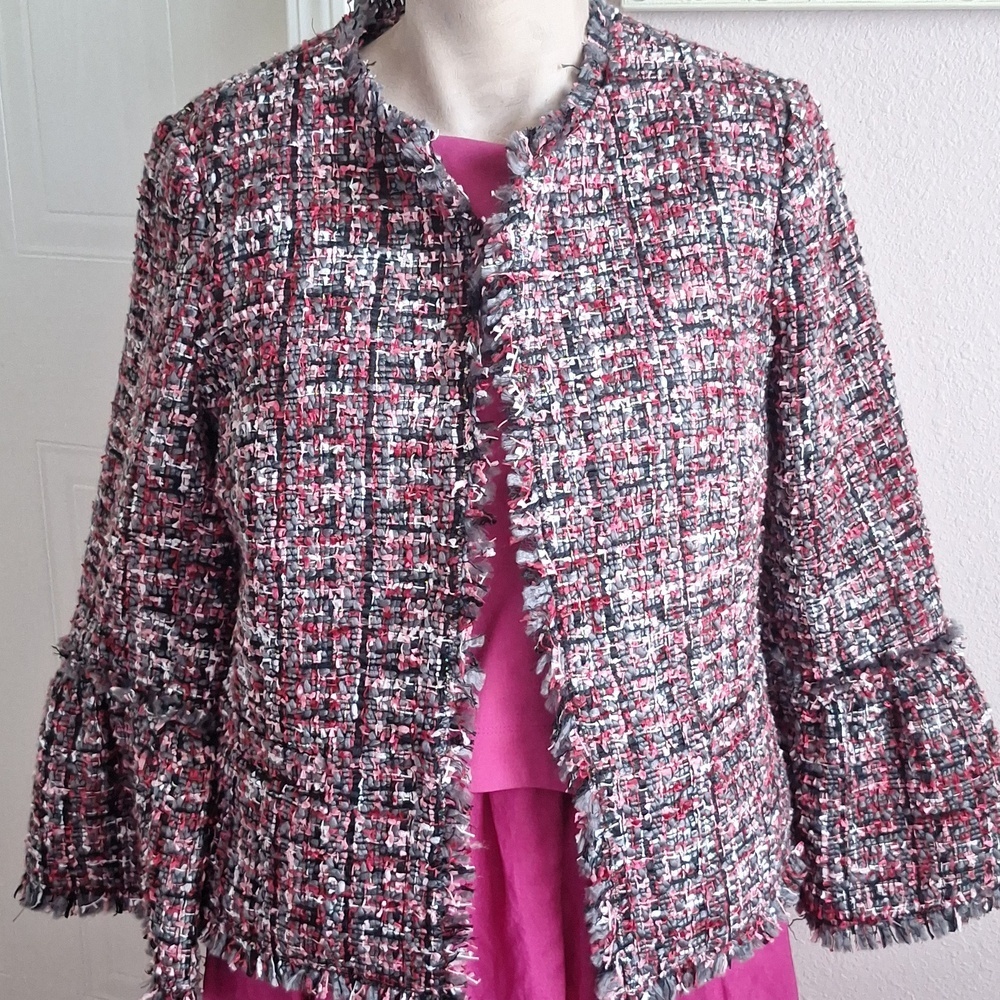 Ann Taylor Fringed Tweed Blazer in Pink, Black & White